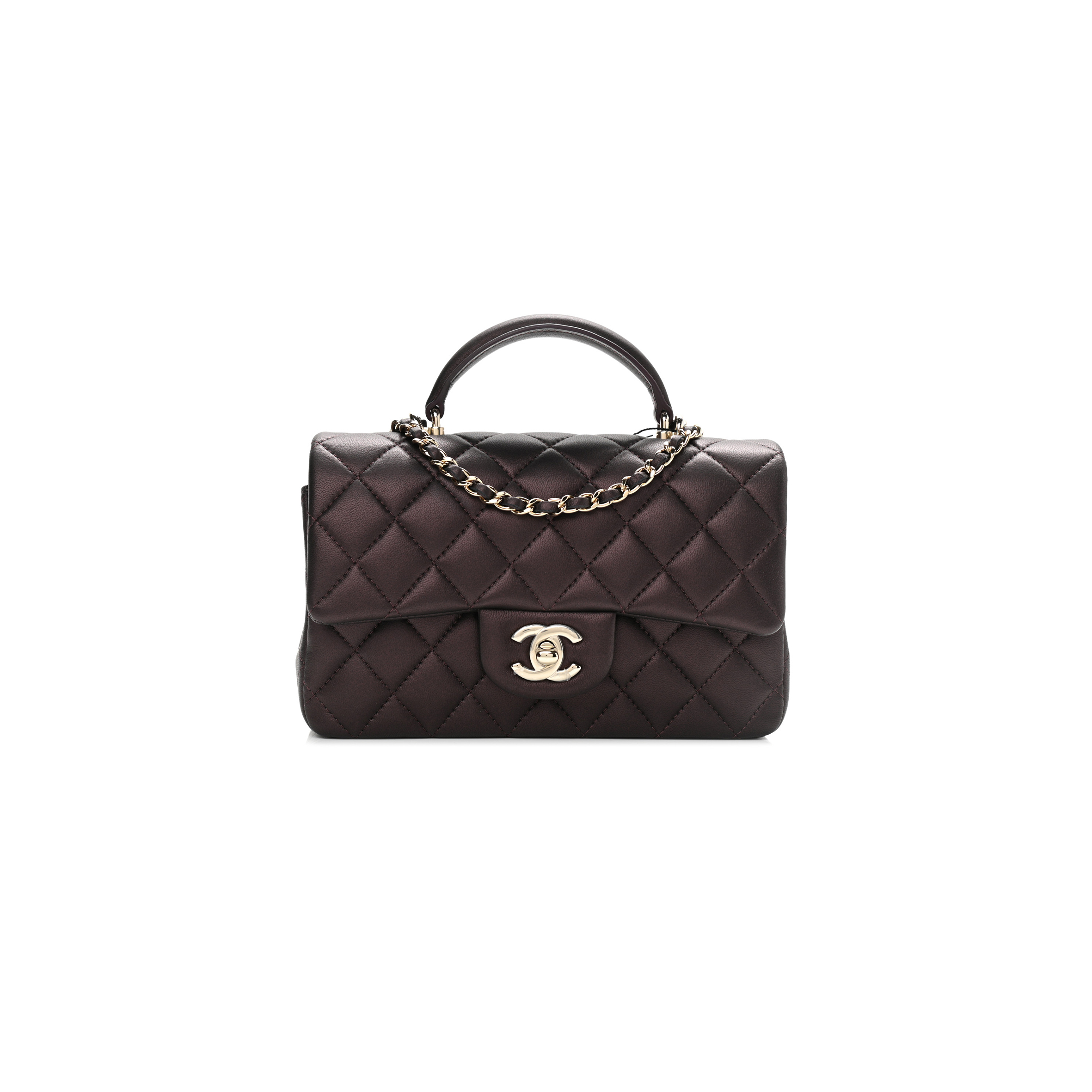 CHANEL LAMBSKIN QUILTED MINI TOP HANDLE RECTANGULAR FLAP LIGHT GOLD BURGUNDY 1106160 (20*13*6cm)